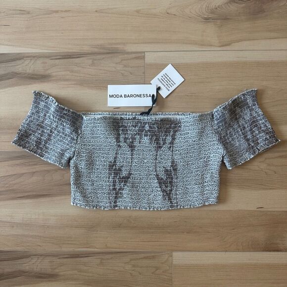 Moda Baronessa Womens Malibu 100% Silk Cap Crop Top Smocked Coastal‎ Size Large - Picture 1 of 6